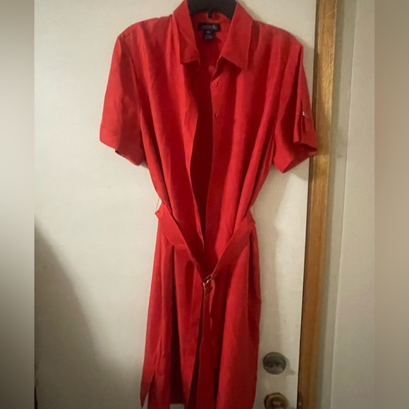 Jones New York Bold Red Silk Short Sleeve Plus Size 16 Button Down Shirt Dress - Picture 2 of 11